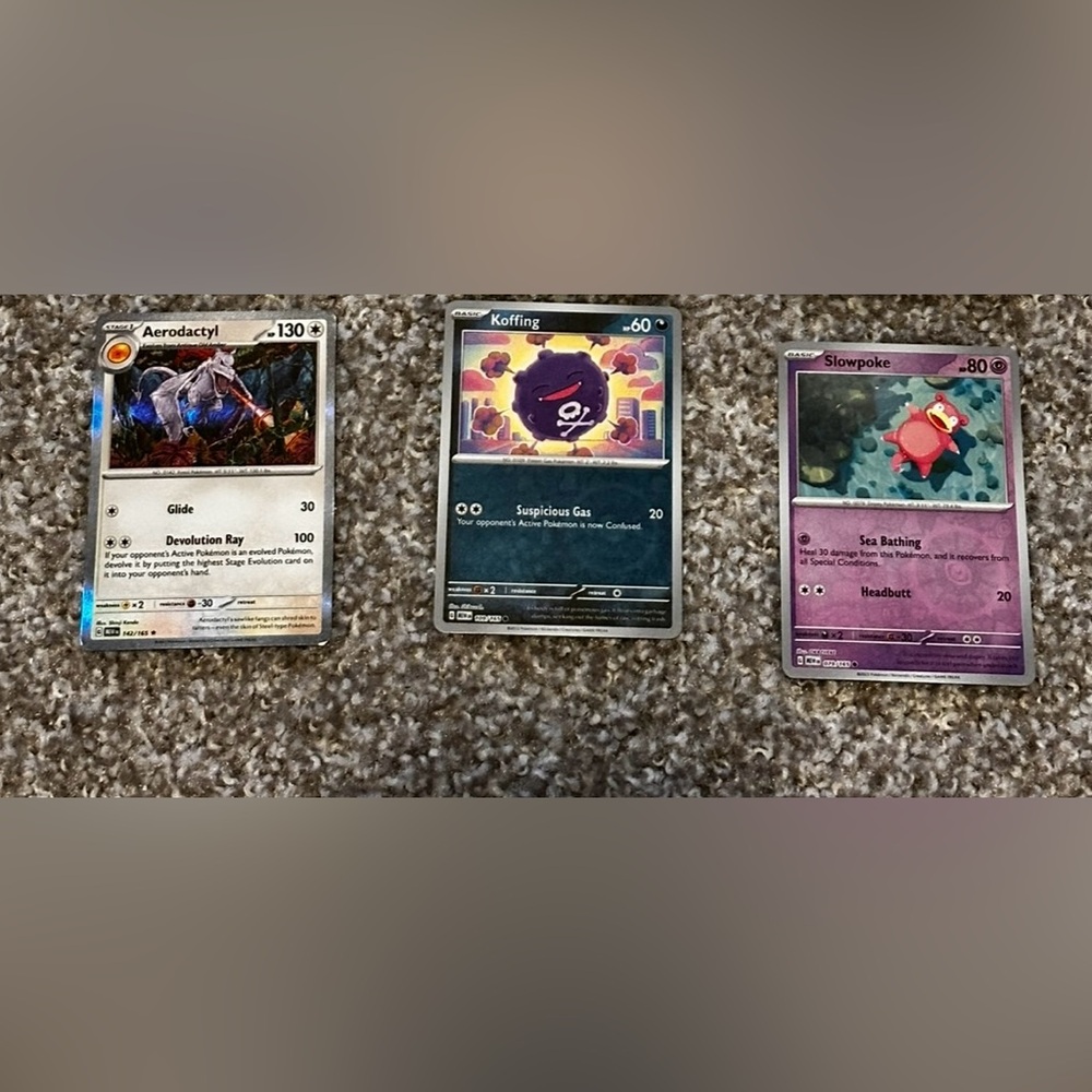 Aerodactyl, Koffing, and Slowpoke Pokémon Cards holo